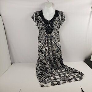 Style & Co PP Maxi Dress Black White Blue Short Sleeve Womens Beading Petite